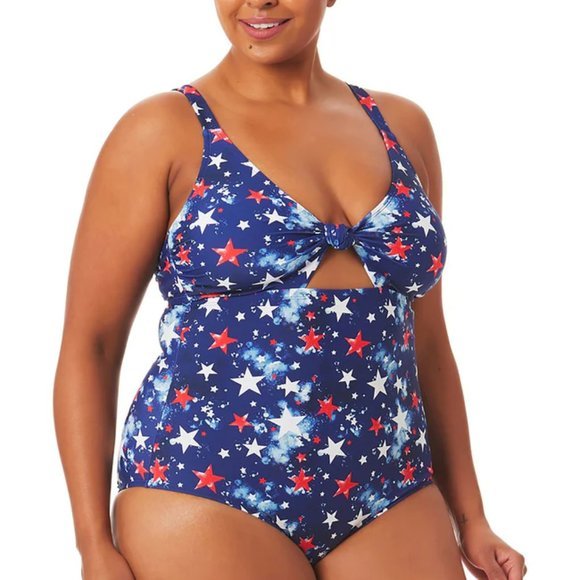 California Waves Plus Splatter-Star Cutout One-Piece Swimsuit Blue 2X (20-22) - Picture 1 of 13